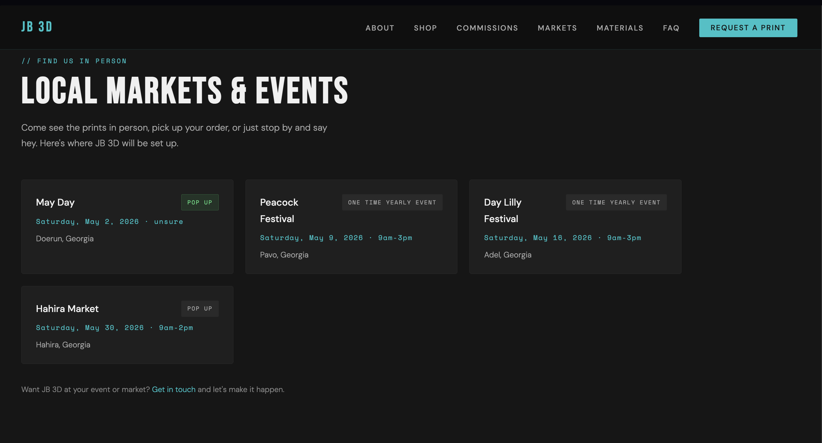 JB 3D Local Markets and Events section pulling from Google Sheets