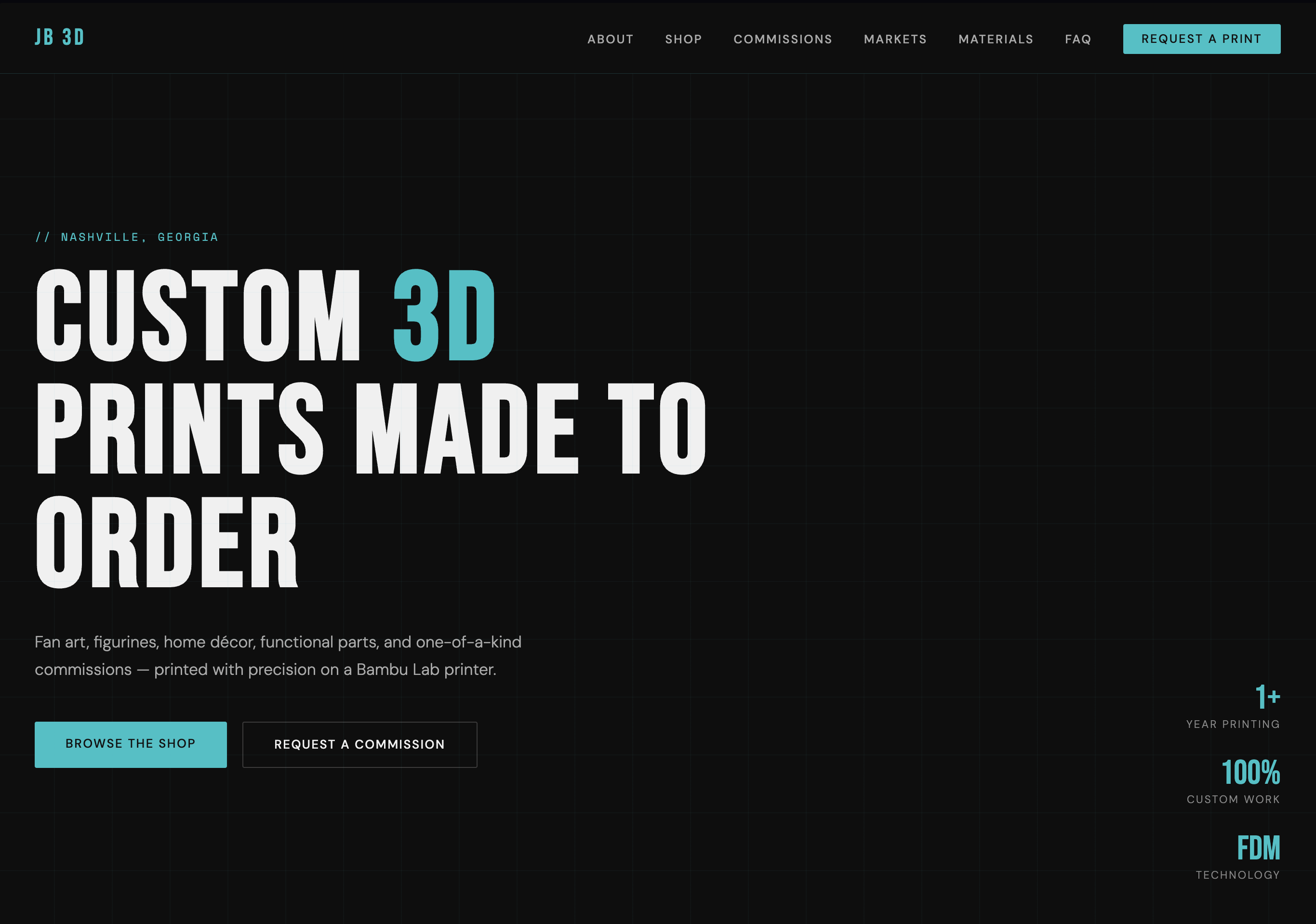 JB 3D website homepage hero — Custom 3D Prints Made to Order